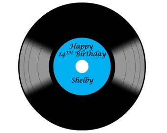 LP Blue Music Record Circle Cake Essbares I-Tüpfelchen oder Oblaten topper Dekoration personalisiert