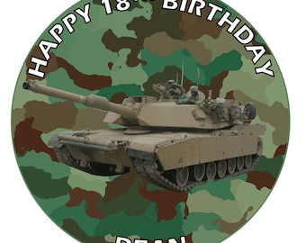 Army tank with Green camo Round edible Cake Icing or Wafer Topper decoration Personalised