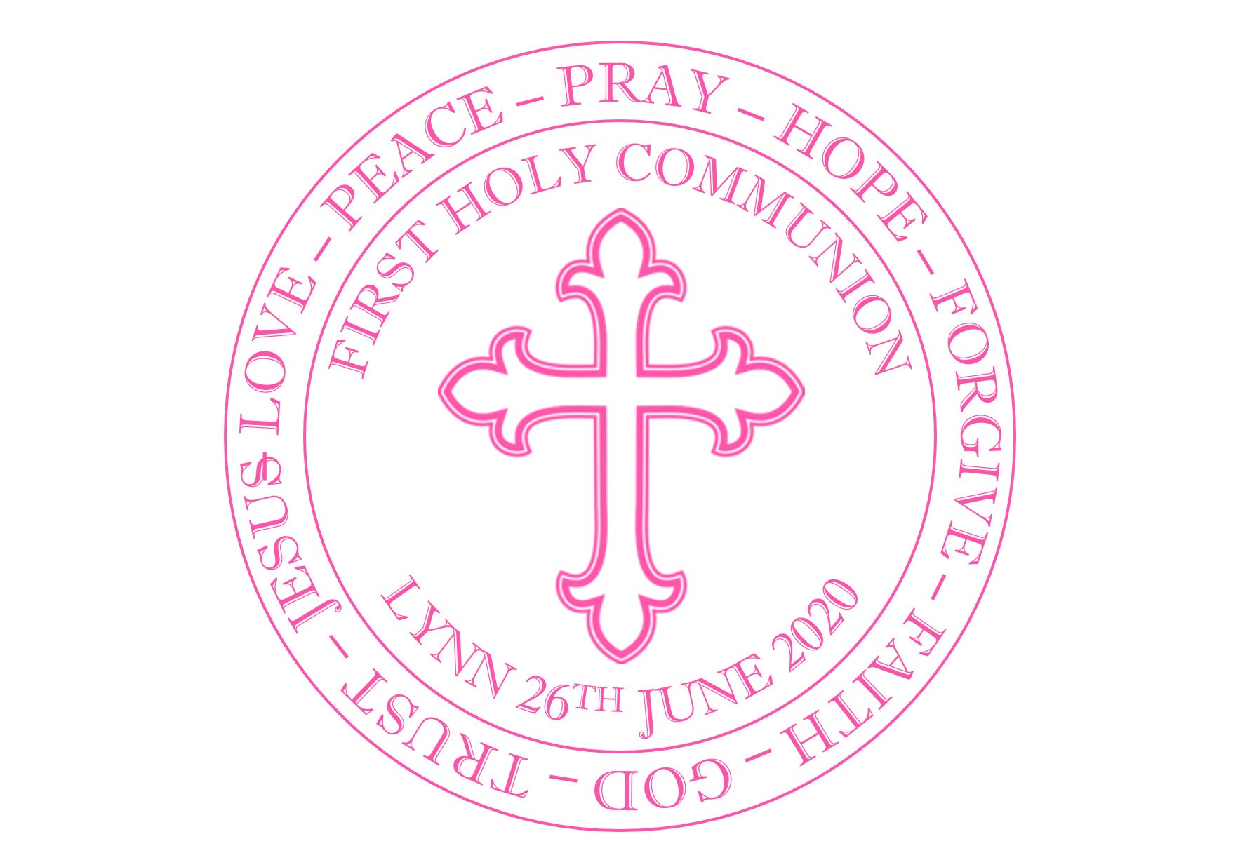 First Holy Communion Pink Cross Circle Cake edible Icing or Wafer Topper decoration Personalised