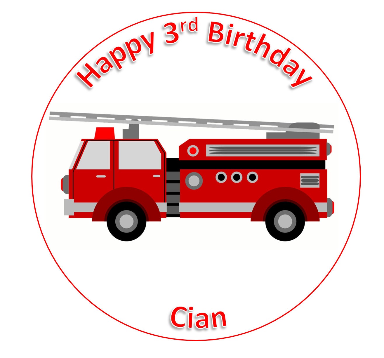 FIRE ENGINE FIREMAN ROUND EDIBLE BIRTHDAY CAKE TOPPER DECORATION 