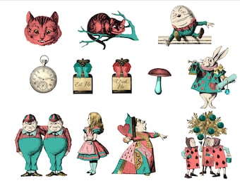Vintage Alice in wonderland coral and turquoise edible printed Cake decoration Icing Wafer card or Wafer Toppers