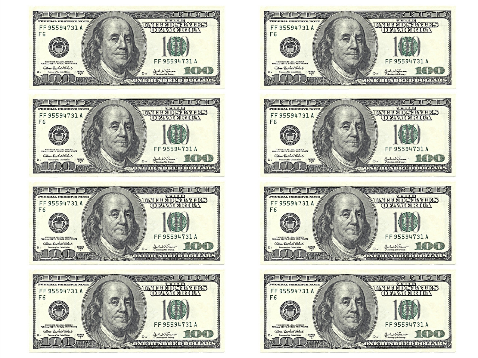 8 X 100 Dollar Notes Money Icing, Wafer Card or Wafer Topper Cake