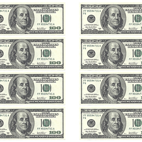 8 x 100 dollar notes Money Icing, Wafer card or Wafer Topper Cake decoration