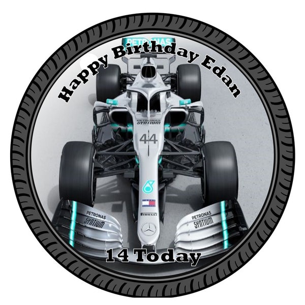 F1 Grey Formula One with tyre frame Round Circle Cake Icing or Wafer Topper decoration (Fully editable) Personalised