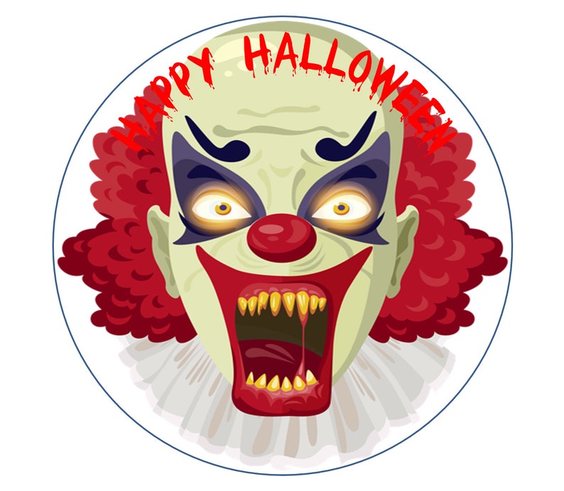 Happy Halloween Scary Clown Round Circle Cake edible Icing or Wafer Topper decoration Personalised