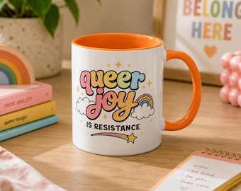 Queer Joy Is Resistance Ceramic Mug, LGBTQ Pride Coffee Cup