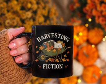 Autumn Book Lover Mug, Harvesting Fiction Cozy Coffee Cup
