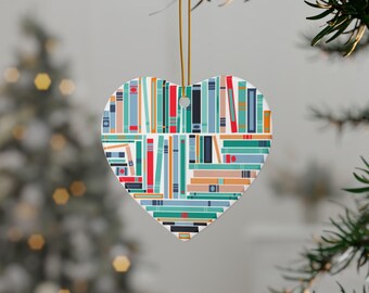 Book Lover Ceramic Heart Ornament, Bookshelf Christmas Decoration