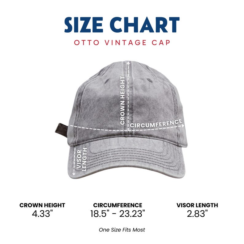 K&ouml;nnte beinhalten: Eine Gr&ouml;&szlig;entabelle f&uuml;r eine graue Otto Vintage Kappe mit Beschriftungen f&uuml;r Kronenh&ouml;he, Umfang und Schirml&auml;nge. Die Ma&szlig;e betragen 11 cm Kronenh&ouml;he, 47 bis 59 cm Umfang und 7,2 cm Schirml&auml;nge, inklusive dem Text One Size Fits Most.