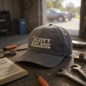 Könnte beinhalten: Eine anthrazitfarbene Baseballkappe mit Used-Optik und dem weiß gestickten Text Scott Body Shop Service and Repair auf der Vorderseite. Die Kappe verfügt über einen gebogenen Schirm sowie gestickte Ösen für eine gute Belüftung.