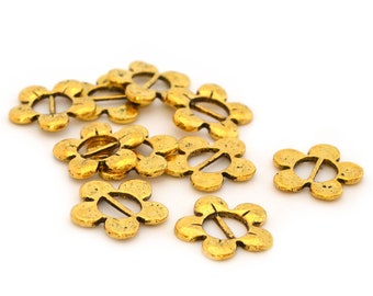 10 passe-ruban fleurs dorés en métal 16 mm