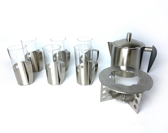 Vintage-Teeservice aus den 90er-Jahren | Modernistisch | Memphis-Stil | Geometrisches Design | Edelstahl & Glas | Postmodern | Minimalistisch | Mid-Century Modern