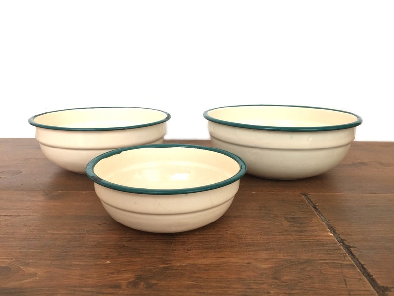 Farmhouse Cream French Antique |40s Kitchen Bowls Vintage Enamel Green Enamel Bowls Enamelware Enamelware 1940s
