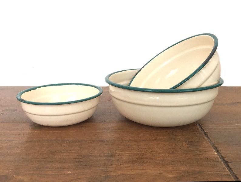 Farmhouse Cream French Antique |40s Kitchen Bowls Vintage Enamel Green Enamel Bowls Enamelware Enamelware 1940s