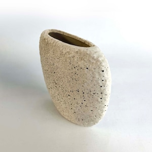 May include: A white ceramic vase with a speckled texture. The vase has an oval shape and a wide opening.