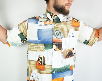 Vintage 90s mangas cortas camisa / camisas vintage únicas / mangas cortas camisa / multicolor Boho estilo camisas / gran tamaño