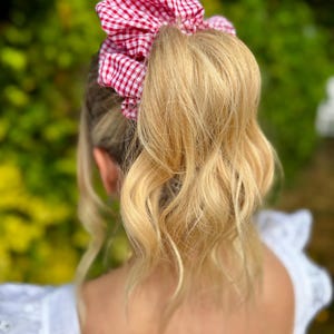 Könnte beinhalten: Ein rot-weiß kariertes Scrunchie wird in einem hohen Pferdeschwanz getragen. Das Scrunchie ist aus einem weichen Stoff gefertigt und verleiht der Frisur einen Farbtupfer. Das Haar ist blond und in lockeren Wellen gestylt.