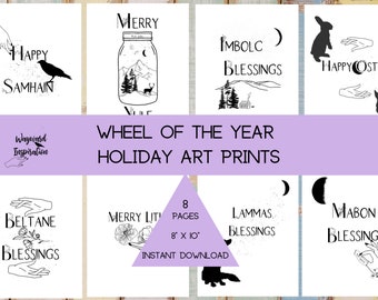 Wheel of the Year Art Print Bundle | Solstice Print | Equinox Print | Witchy Wall Art | Pagan Art Prints | Pagan Holiday Prints