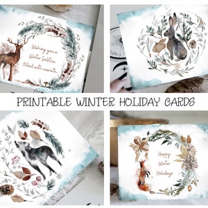 Tarjetas navideñas del bosque / Tarjetas imprimibles / Solsticio de invierno / Saludos navideños de invierno / Tarjetas de brujas / Tarjetas en blanco imprimibles