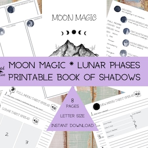 Moon Magic Journal | Book of Shadows | Printable BOS | Grimoire Page | Lunar Correspondence | Full Moon Tarot Spread | New Moon Tarot Spread