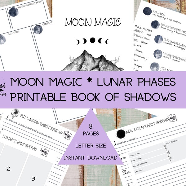 Moon Magic Journal | Book of Shadows | Printable BOS | Grimoire Page | Lunar Correspondence | Full Moon Tarot Spread | New Moon Tarot Spread