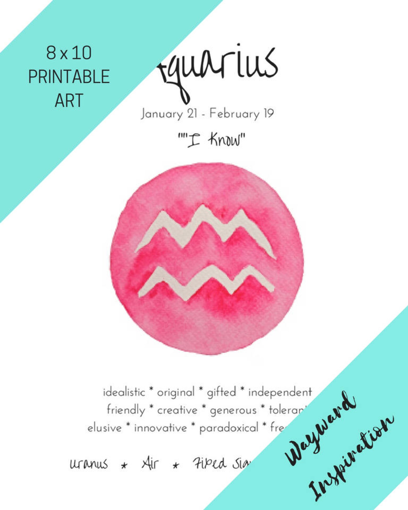 Aquarius Horoscope Gift Art Print Zodiac Sign Best Etsy