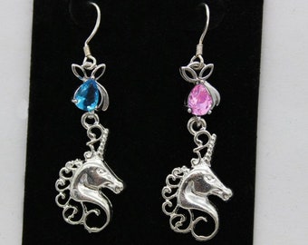 Unicorn silver earring with crystal lotus, asymmetrical fantasy jewel, choice of stoness