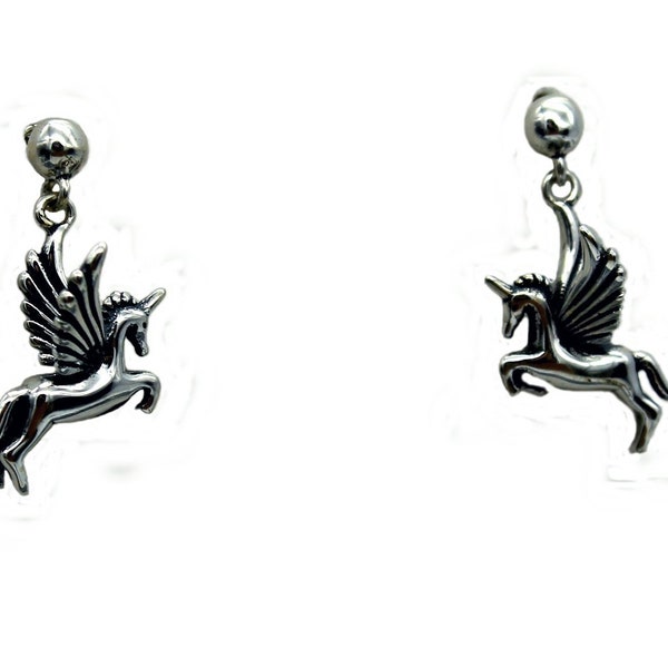 Boucle d'oreille licorne ailée 3D 925,cheval ailé d'argent,bijou fantastique,pégase