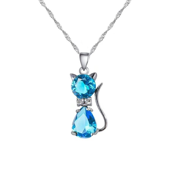 Silver cat necklace in azure blue crystal, or other stones, chain of your choice