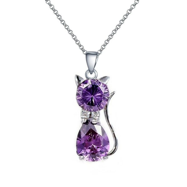 Collier Petit chat de cristal et d'argent, pierres et chaînes au choix