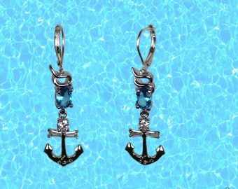 Boucles doreilles cabochon ancre marine rouge rayures bleues marin boucles doreilles pendantes en verre été mer