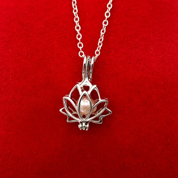 Lucky Lotus flower wish cage necklace with freshwater pearls and 3 other options to insert and chain of your choice