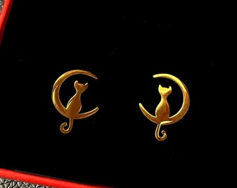 Small stud earrings, little cat sitting on a golden crescent moon, stainless steel, 3 models to choose from