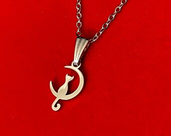 Little cat necklace sitting on a crescent moon in silver, stainless steel, bail and chain of your choice