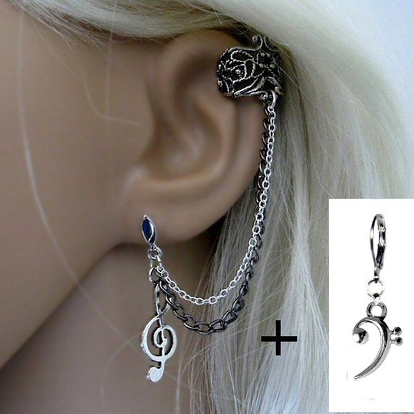 EarCuff Treble clef, bass clef earring,silver & black chain, earcuff + earring, jewel music, ear cuff score, ear cuff vintage