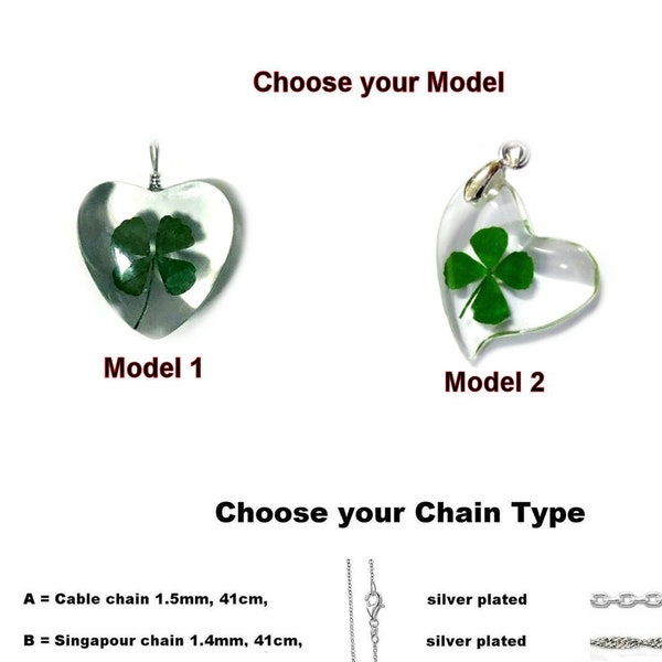 Lucky 4 leaf clover resin heart necklace, 2 models and chain of your choice