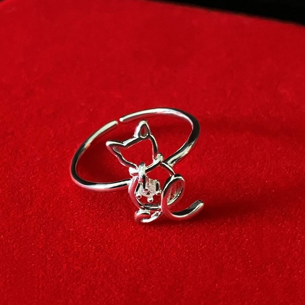 Bague ajustable petit chat en fil d'argent 925, au pendentif topaze diamant