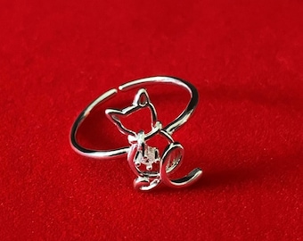 Small cat adjustable ring in 925 silver wire with topaz diamond pendant