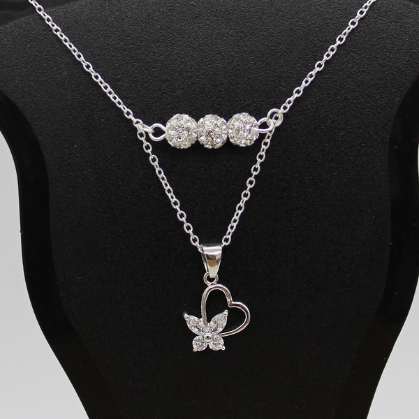 Collier 2 rangs papillon d'argent et cristal aux 3 perles Shamballa, cristal au choix