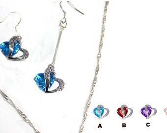 Boucle oreille cœur cristal asymétrique,double coeur argent et cristal torsadé,bijou romantique