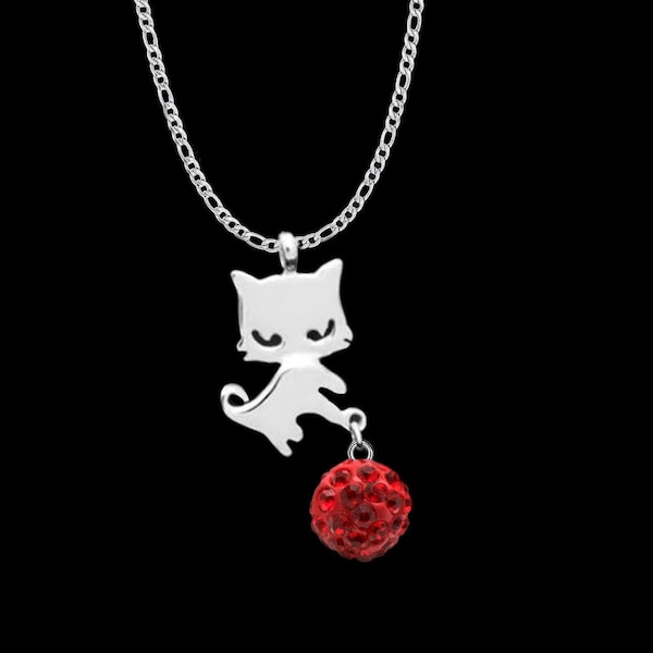 Sterling silver Cat necklace with crystal shamballa ball or freshwater pearl, color and chain of your choice