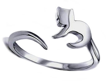 925 silver small cat adjustable ring with big back