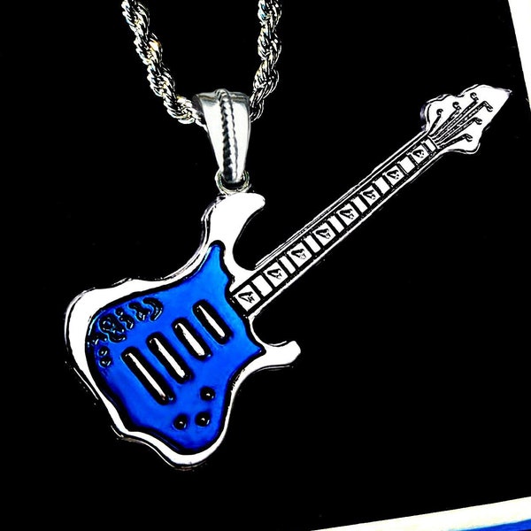 Electric guitar pendant necklace, stainless steel, color, model, bail and chain of your choice