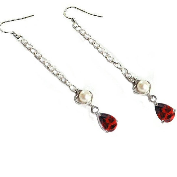 Earring heart pearl and crystal drop, long chained earring, freshwater pearl in the heart of silver on drop crystal choice