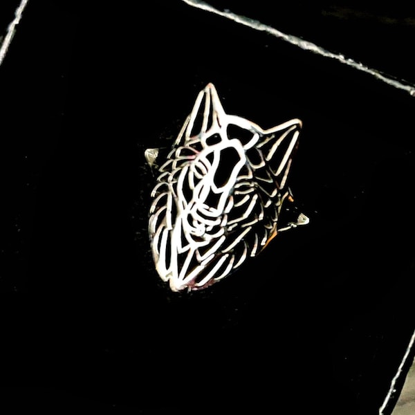 Origami filigree wolf head ring, adjustable, in stainless steel, silver or gold of your choice