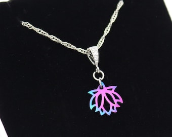 Small rainbow lotus flower necklace, symbol of Om Yoga in steel, bail and chain of your choice