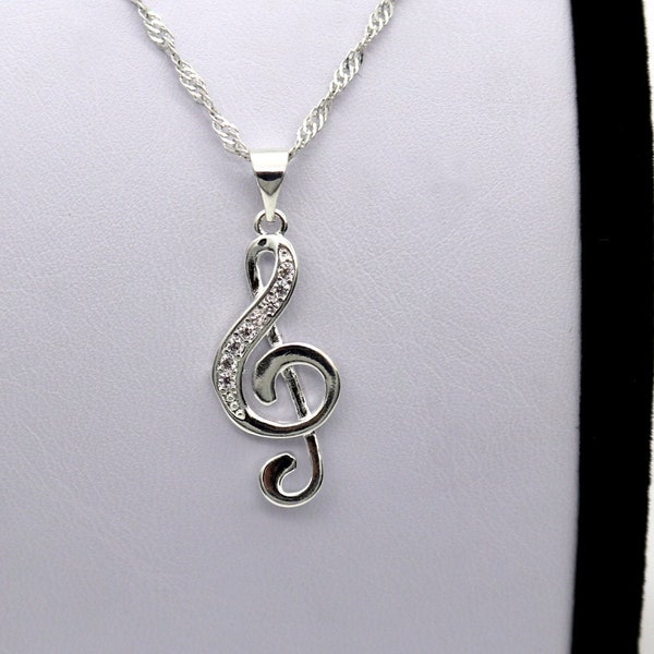 Diamant Topas Sterling Silber Violinschlüssel Halskette, Kette Ihrer Wahl