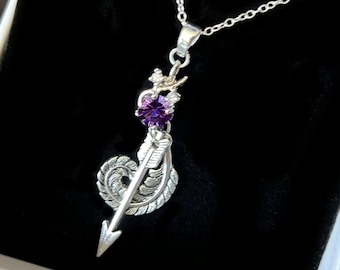 Arrow necklace with silver feather wrapped under a crystal of light, made to measure. stones, color, chains, dimensions to your hand