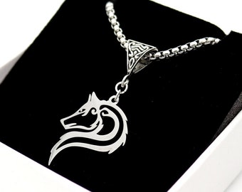 Stylized Celtic wolf necklace in stainless steel, silver, gold or black, bail and chain of your choice