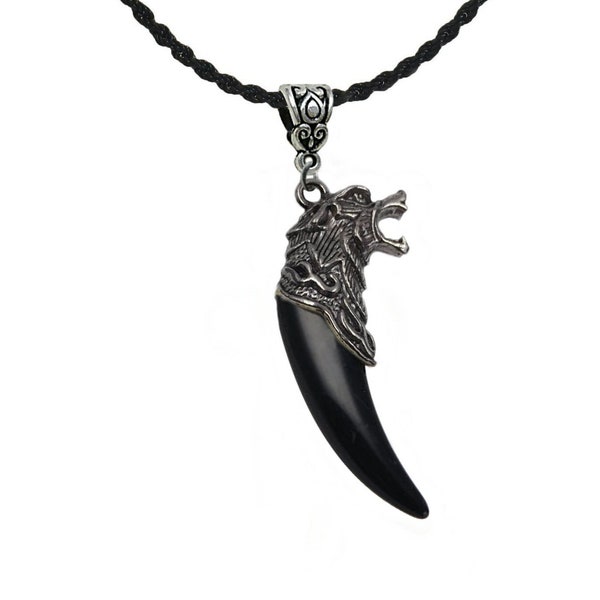 Collier dent de loup viking noire en résine, plusieurs modèles et chaîne au choix